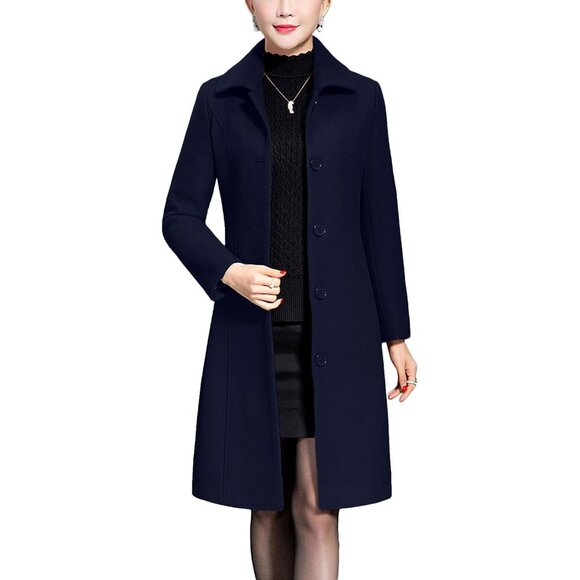 Women's Navy Wool Trench Coat Winter Long Thick Overcoat Walker Coats - Picture 1 of 1